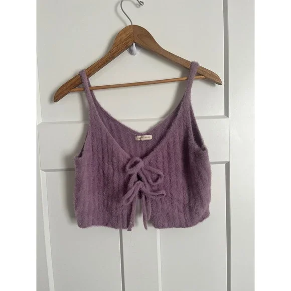 LA Hearts Purple Fuzzy Knit Tie Front Crop Top Ribbed Eyelash Sweater Tank Small - Picture 1 of 5